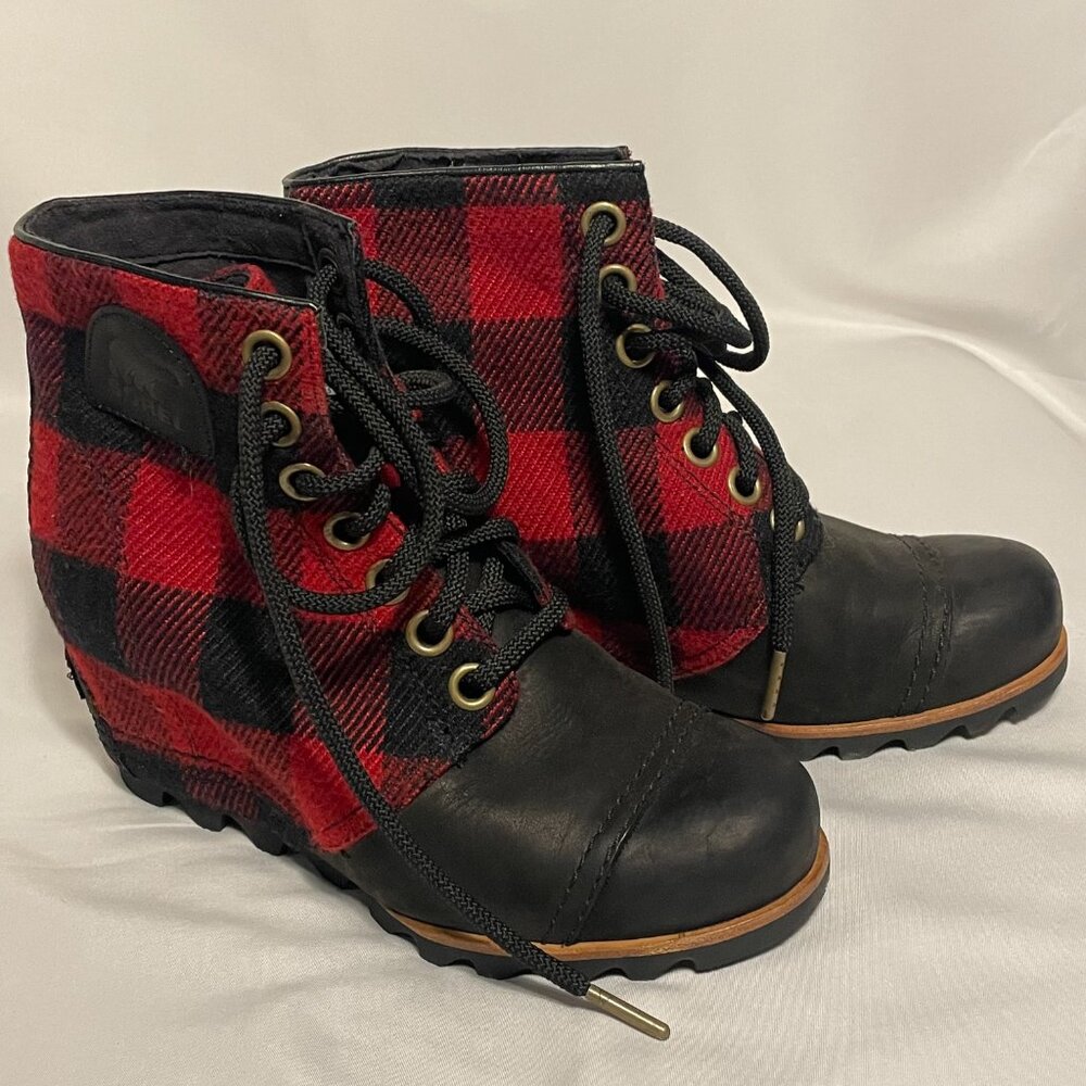 Sorel Lexie Boots Women's 6.5 Hidden Wedge Leather Red Buffalo Plaid Lace Up - Picture 2 of 8